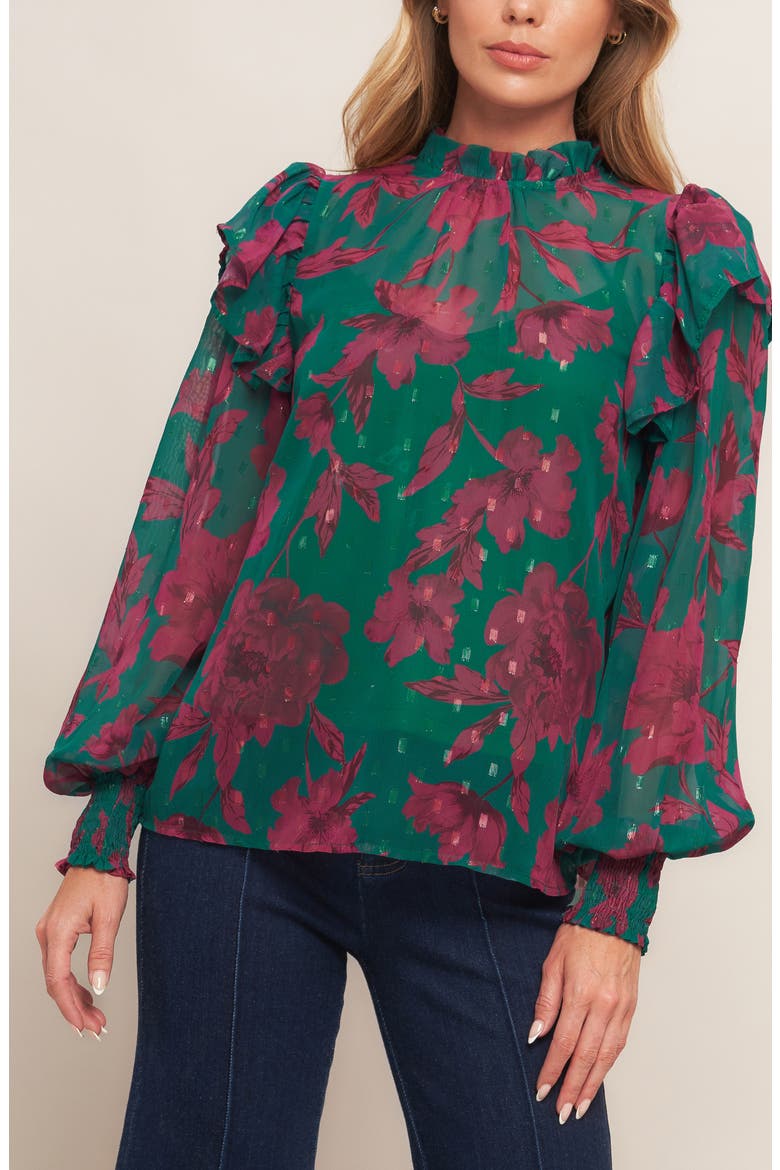 Floral Ruffle Billow Sleeve Top, Alternate, color, GREEN