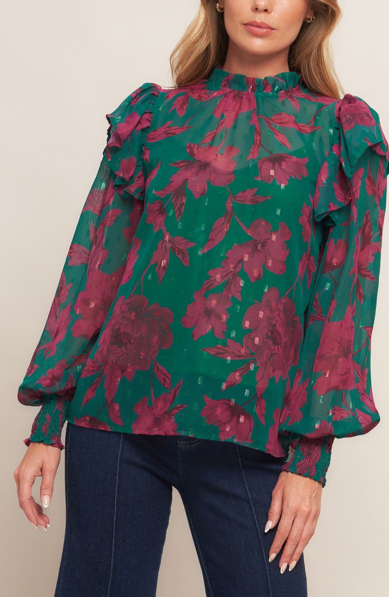 FLYING TOMATO Floral Ruffle Billow Sleeve Top, Alternate, color, Green
