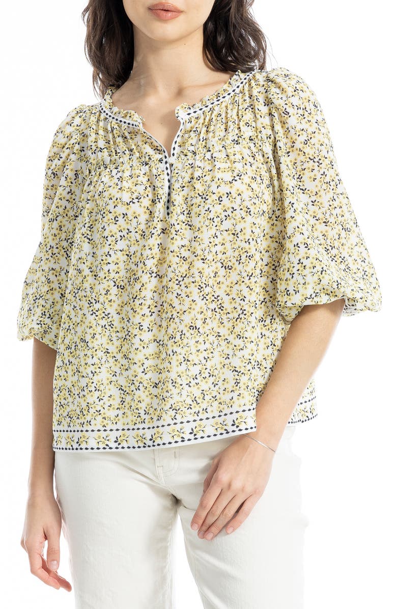 MAX STUDIO Floral Three-Quarter Bubble Sleeve Top, Main, color, Ivory/Yellow
