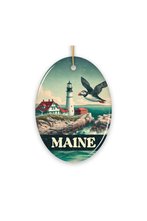 Maine Lighthouse And Puffin Vintage Ceramic Ornament