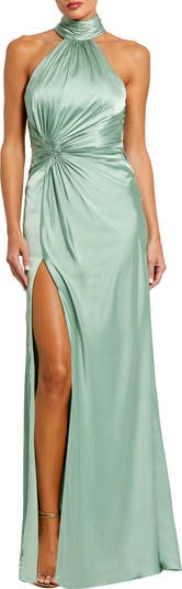 Open Back High Neck Side Ruched Gown