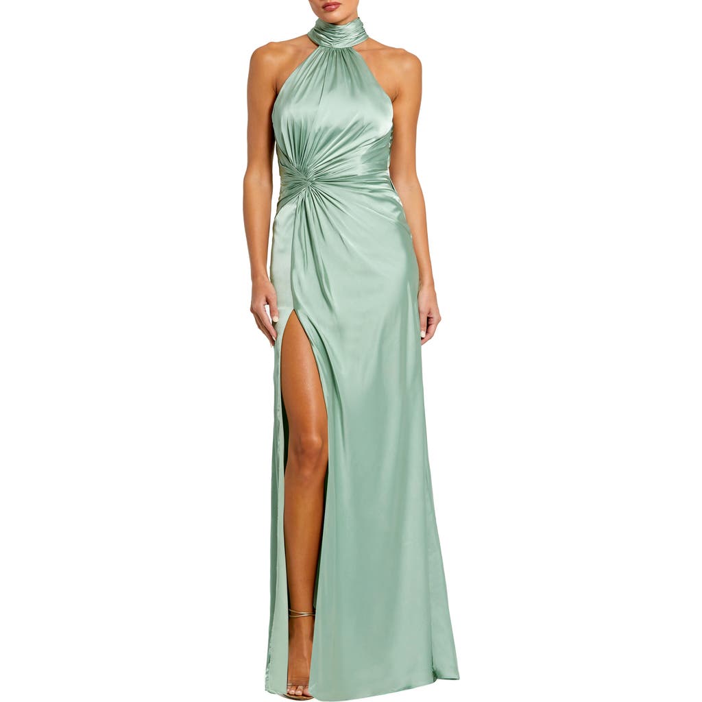 Mac Duggal Open Back High Neck Side Ruched Gown In Sage