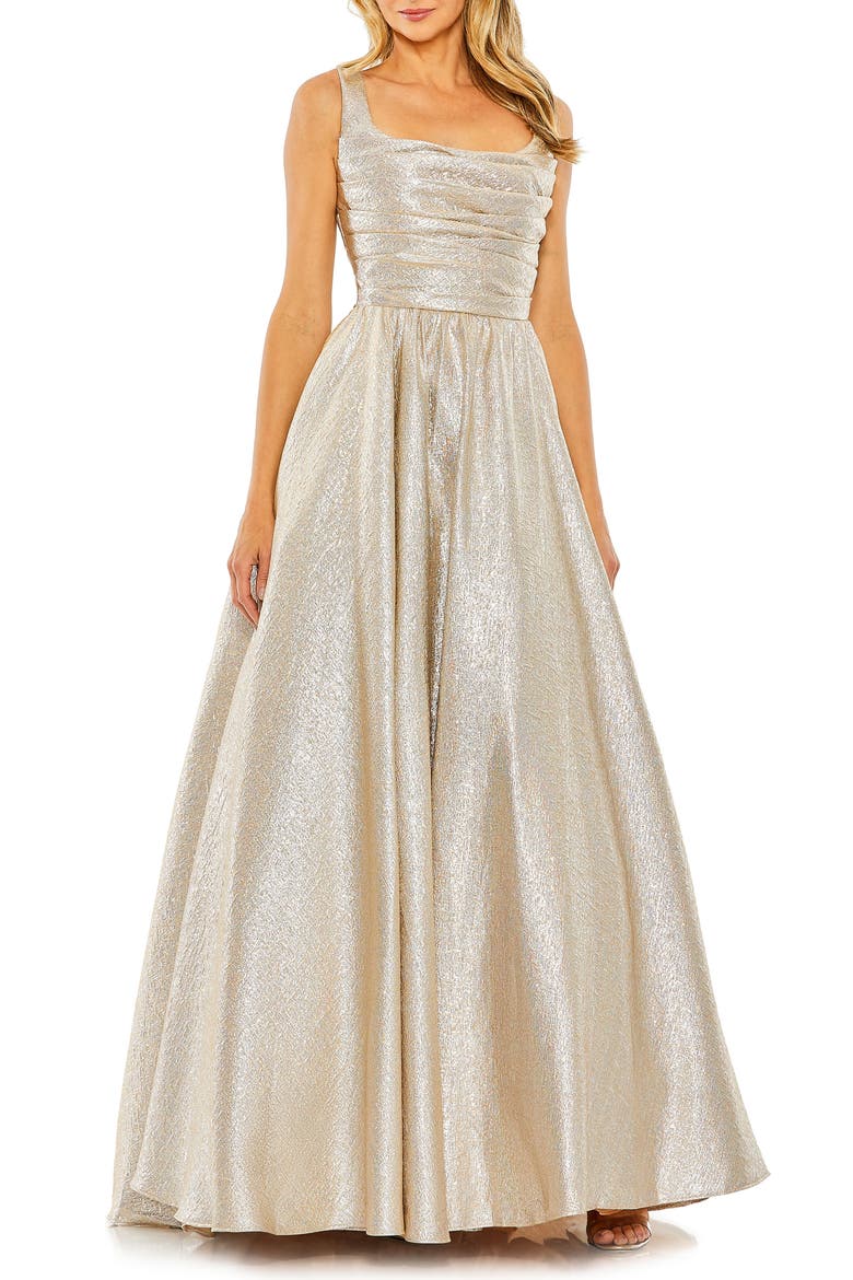Metallic Pleated Bodice Ballgown, Main, color, OYSTER