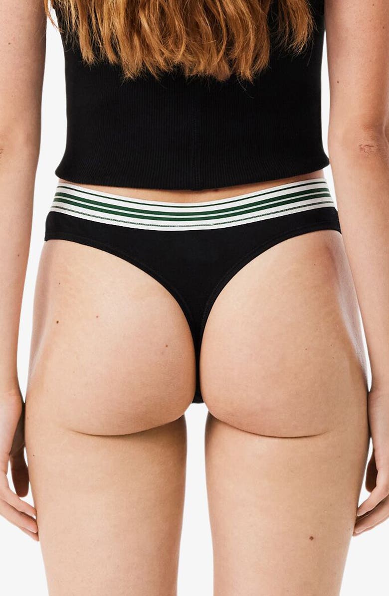 Lacoste High Waist Stretch Cotton Jersey Thong, Alternate, color, Black
