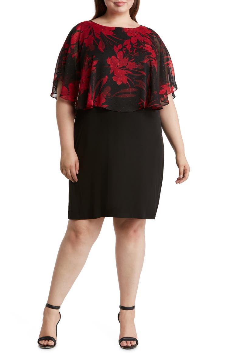 Floral Cape Overlay Sheath Dress, Main, color, RED
