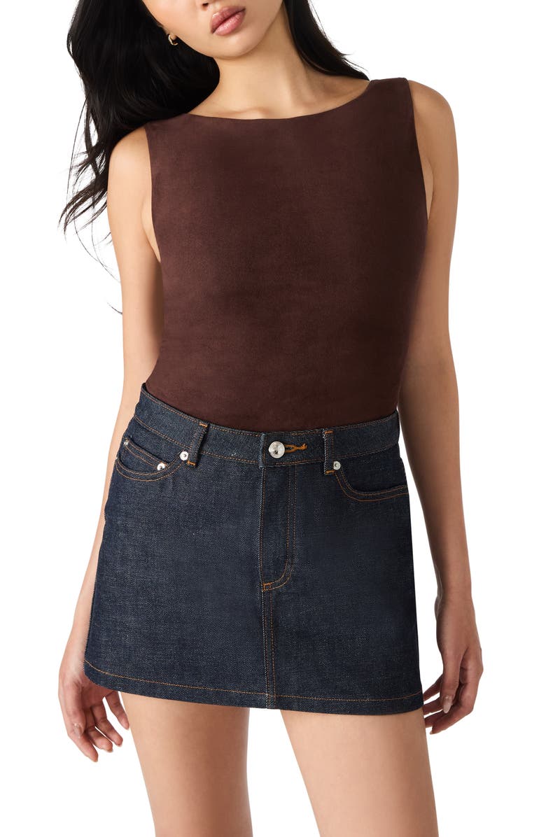 Steve Madden Ornellia Faux Suede Bodysuit, Main, color, Dark Espresso