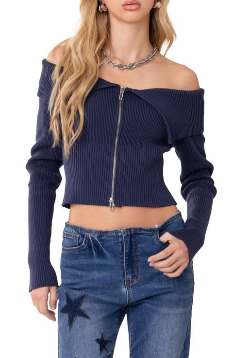 EDIKTED Double Zip Fold Over Off the Shoulder Crop Sweater