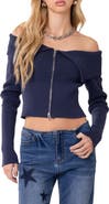 EDIKTED Double Zip Fold Over Off the Shoulder Crop Sweater