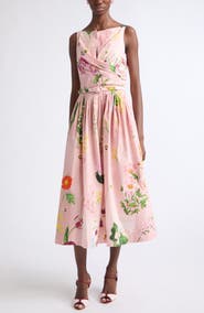 Oscar de la Renta Mixed Botanical Cotton Stretch Poplin Midi Dress