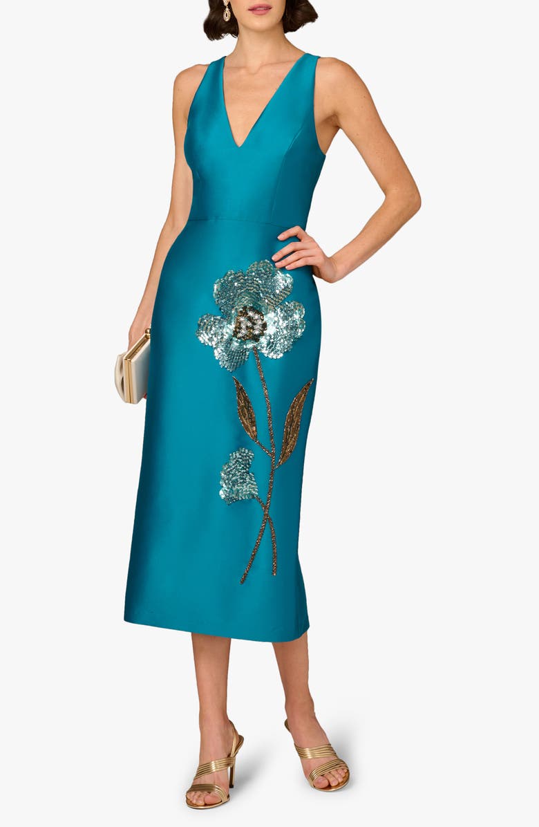 Aidan Mattox Beaded V-Neck Midi Dress, Alternate, color, Peacock