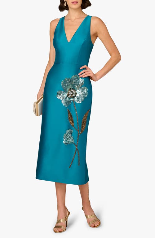 Aidan Mattox Sleeveless Flower-beaded Midi Dress In Blue