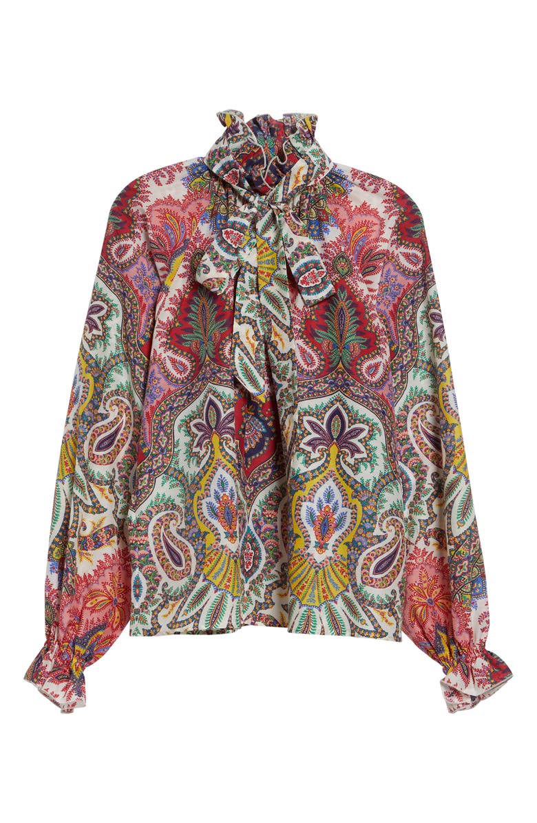 Etro Paisley Print Cotton & Silk Scarf Neck Top, Alternate, color, Print On White Base