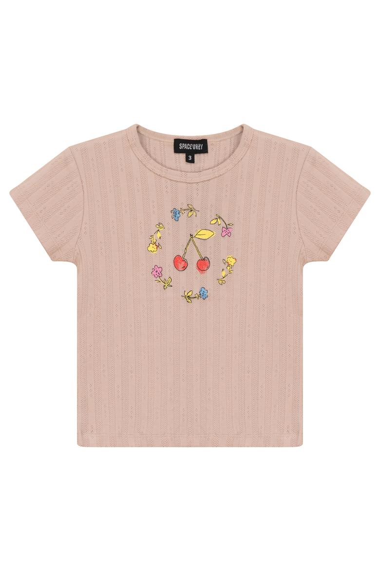 Cherry and Flower Pointelle Ribbed 3/4 Sleeve T Shirt, Main, color, Soft Pink