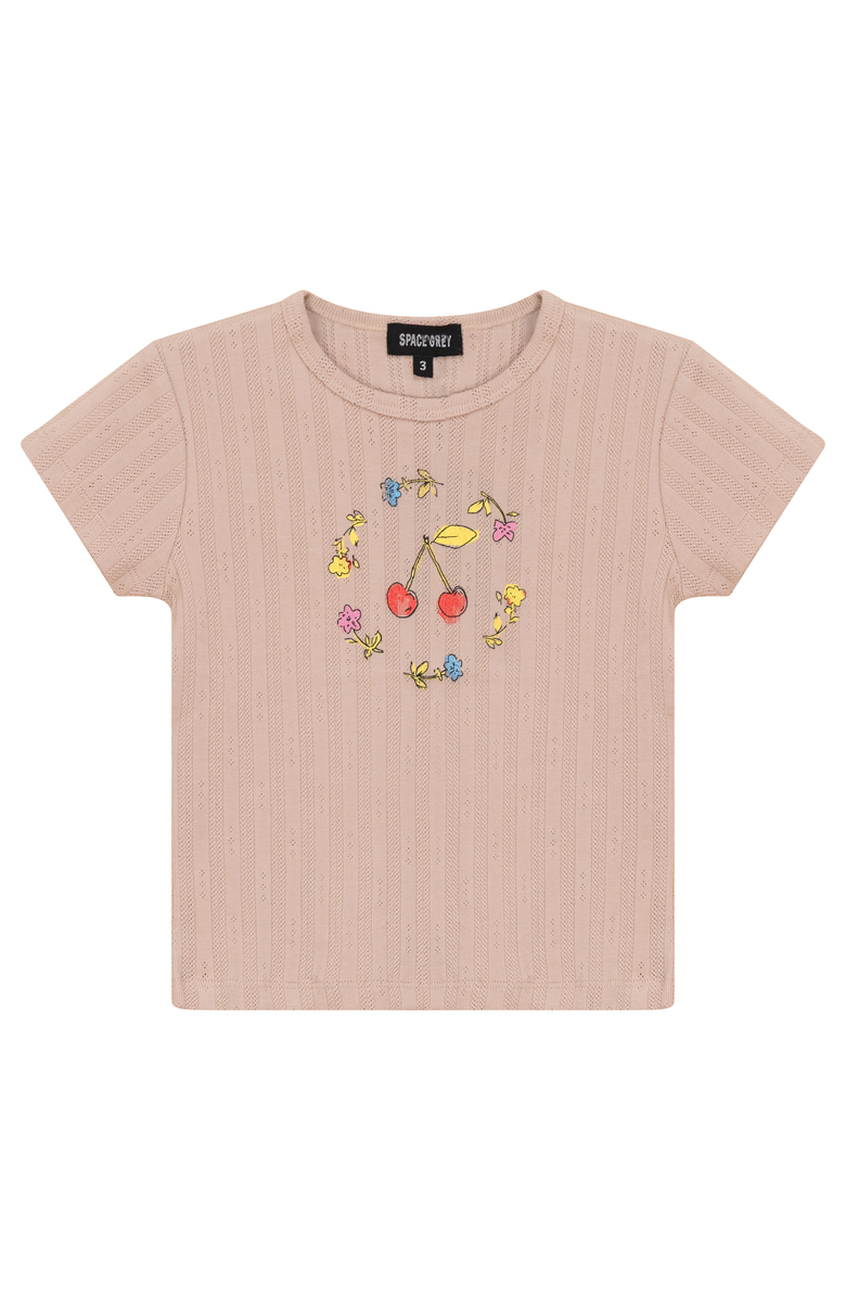 Space Grey Cherry and Flower Pointelle Ribbed 3/4 Sleeve T Shirt, Main, color, Soft Pink