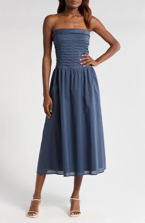Wayf Olivia Pleated Bodice Convertible Strapless Cotton Midi Dress In Stone Blue