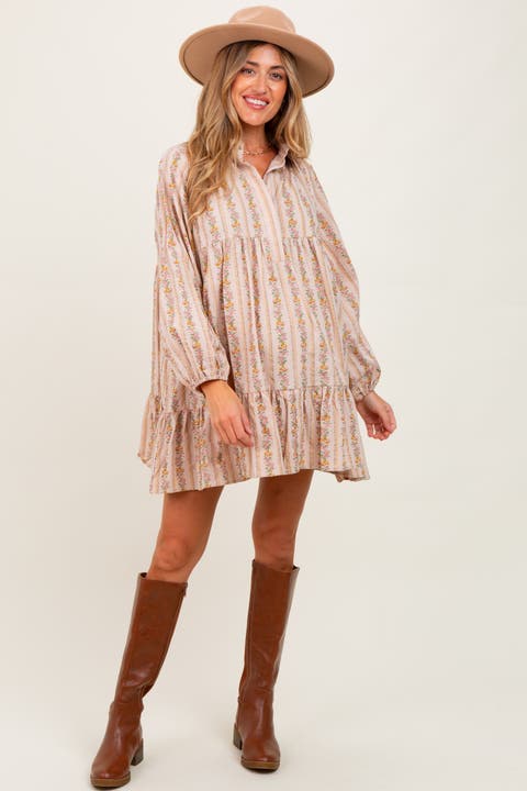 Floral Print Shirring Half Buttoned Shirt Dress