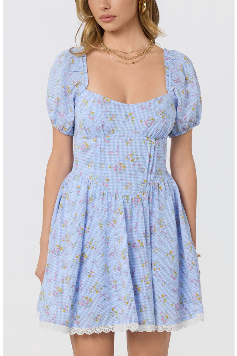 Ilianna Floral Border Print Minidress, Alternate, color, BLUE FLORAL GINGHAM