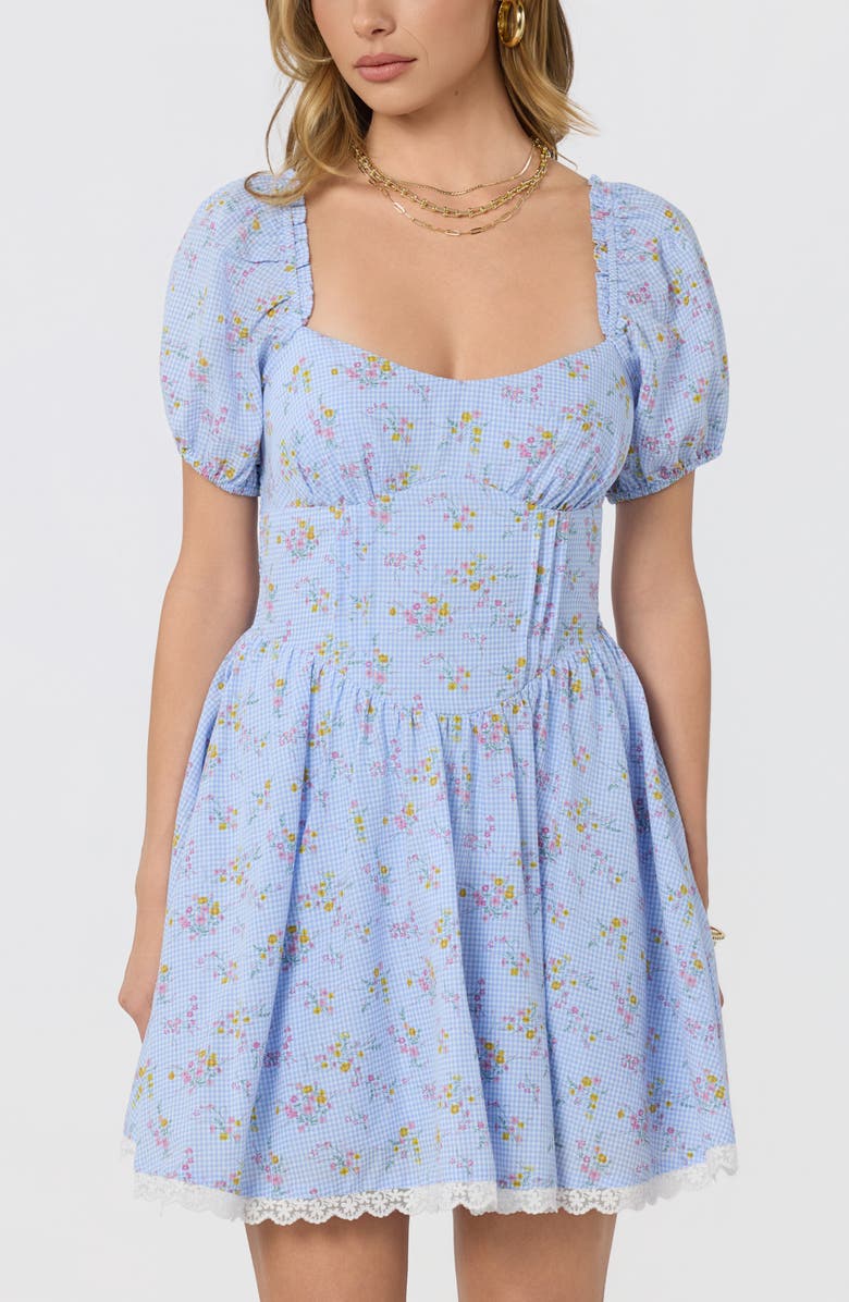 ASTR the Label Ilianna Floral Border Print Minidress, Alternate, color, Blue Floral Gingham