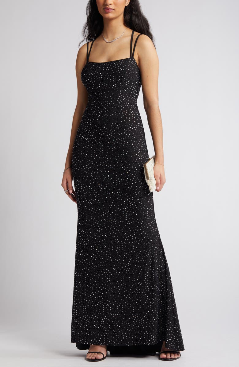 Jump Apparel Rhinestone Strappy Gown, Main, color, Black