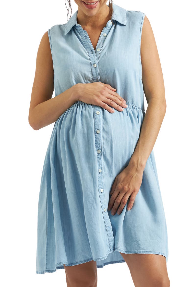 Bec Button Down Sleeveless Chambray Maternity Dress, Main, color, CLEAN FADE