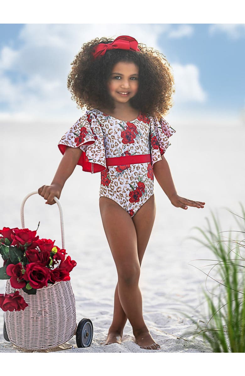 Mia Belle Girls Spots and Petals Flare Sleeve One Piece Swimsuit, Alternate, color, Red