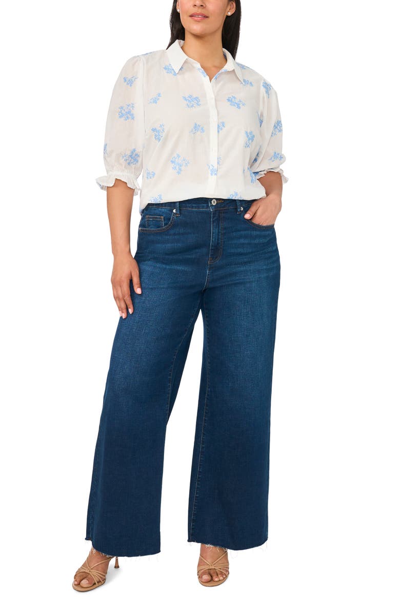 Embroidered Puff Sleeve Button-Up Shirt, Alternate, color, AIRY BLUE