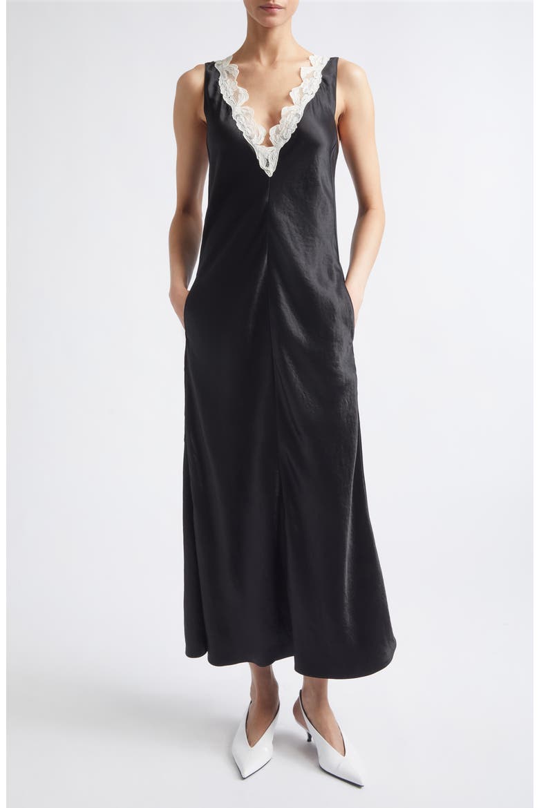 Lace V-Neck Satin Maxi Dress, Main, color, BLACK