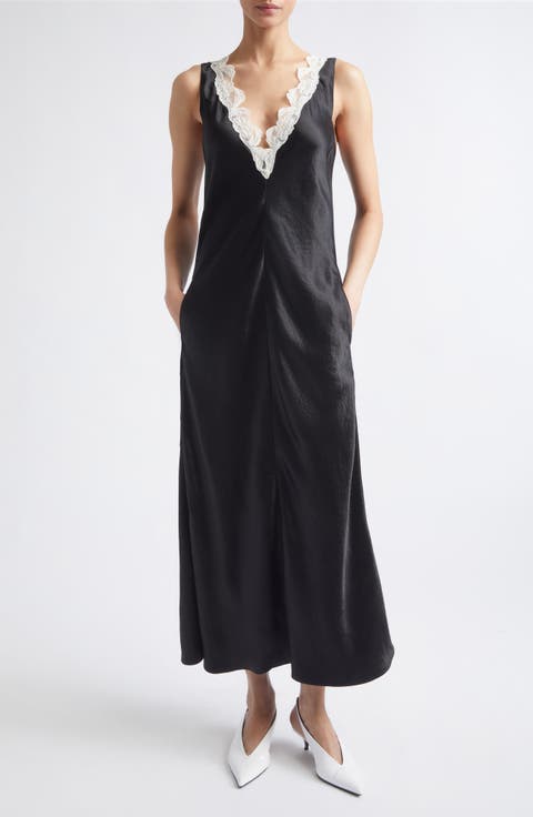 Lace V-Neck Satin Maxi Dress