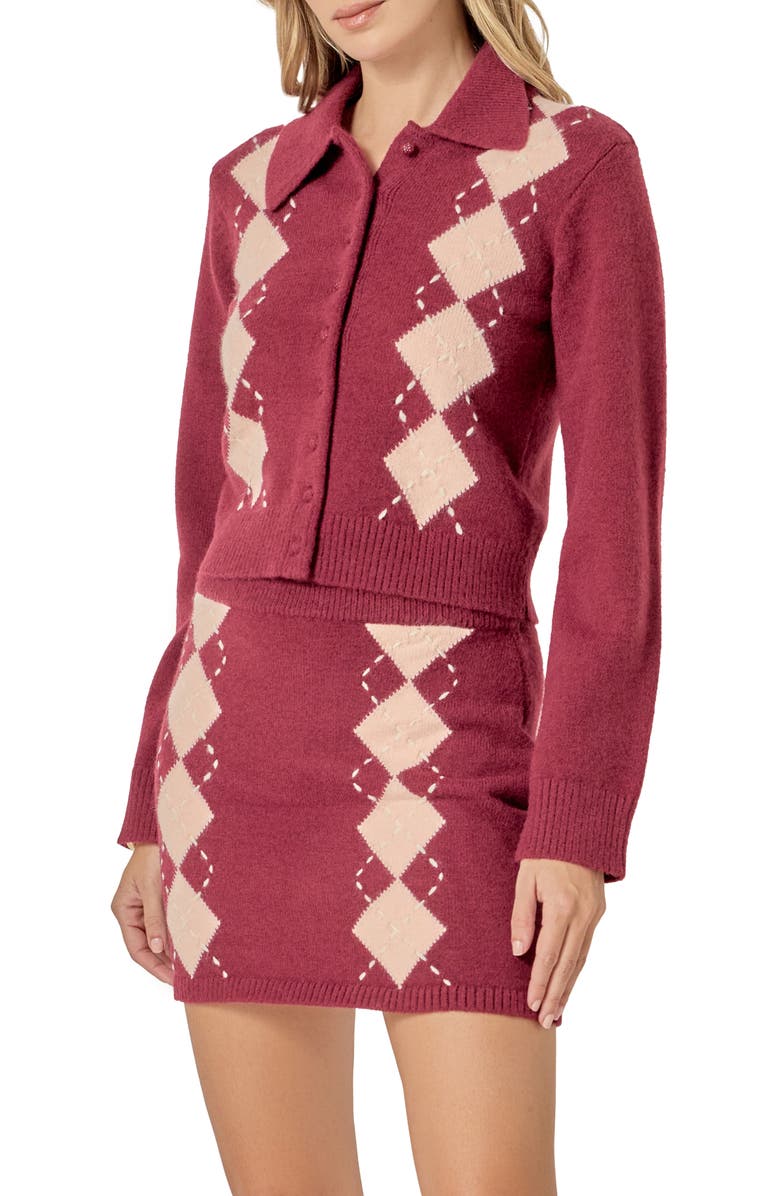 English Factory Collared Argyle Cardigan, Alternate, color, Burgundy/ Salmon