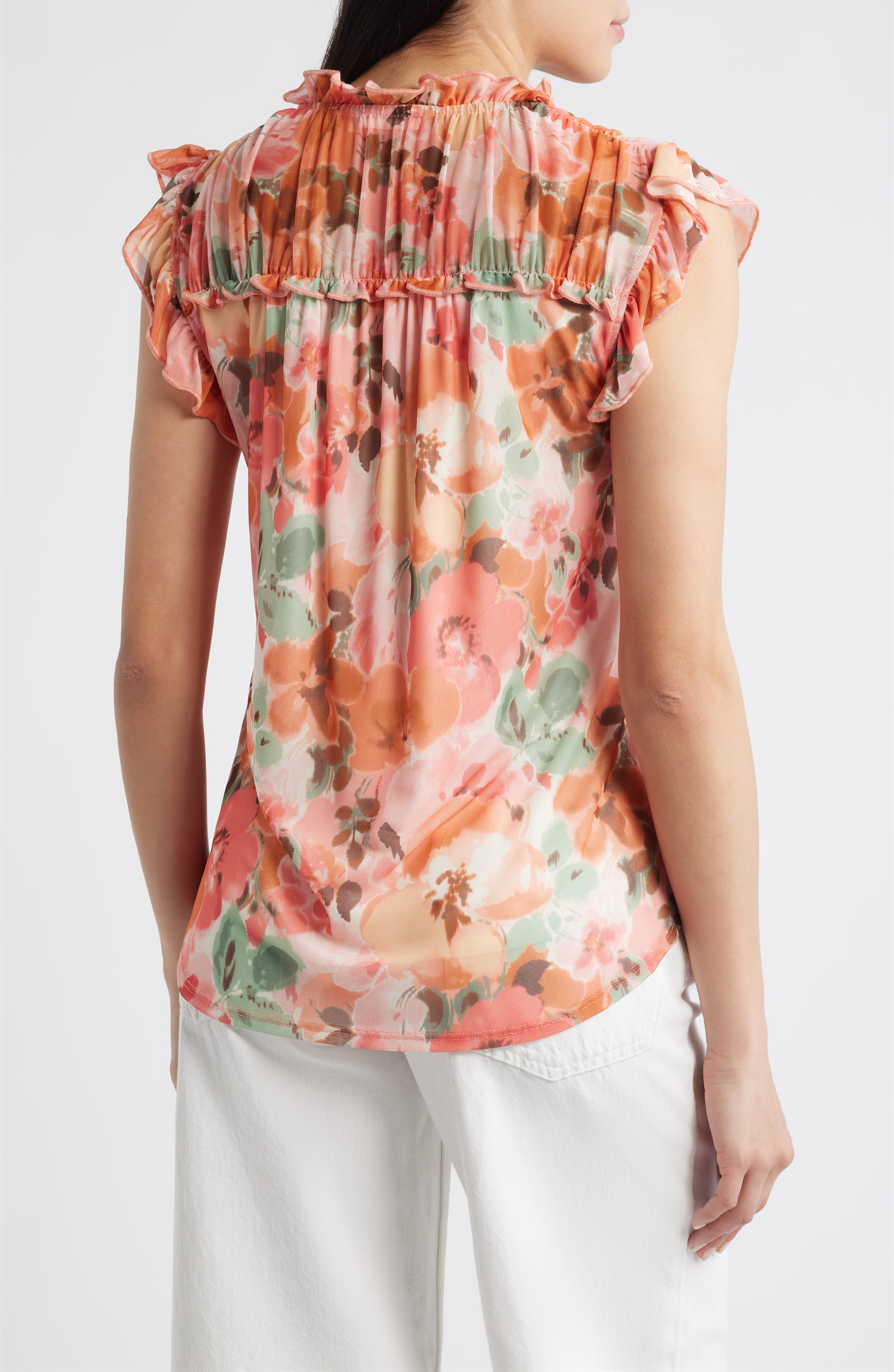 Floral Ruffle Trim Split Neck Top - image 2