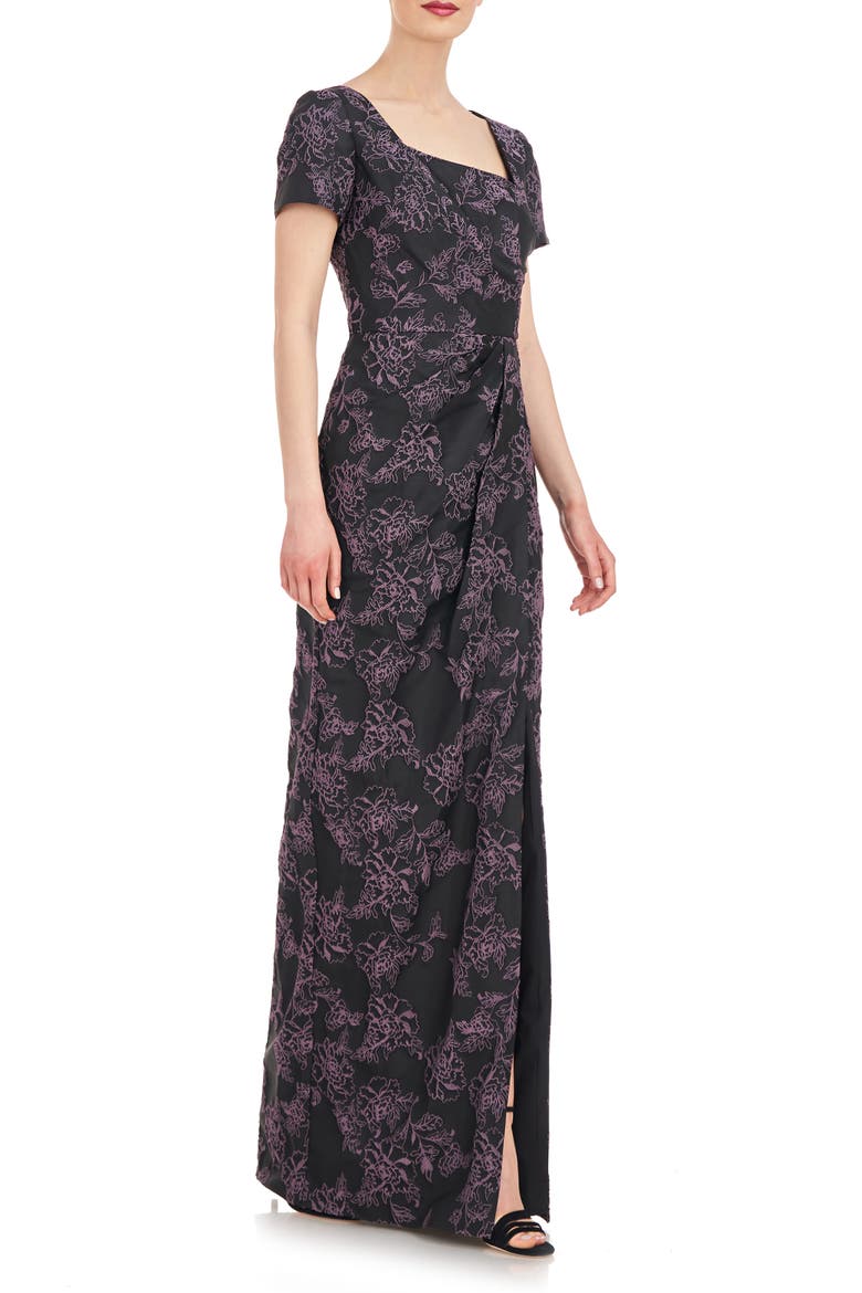 Rosalyn Floral Short Sleeve Column Gown, Alternate, color, BLACK/ DARK LAVENDER