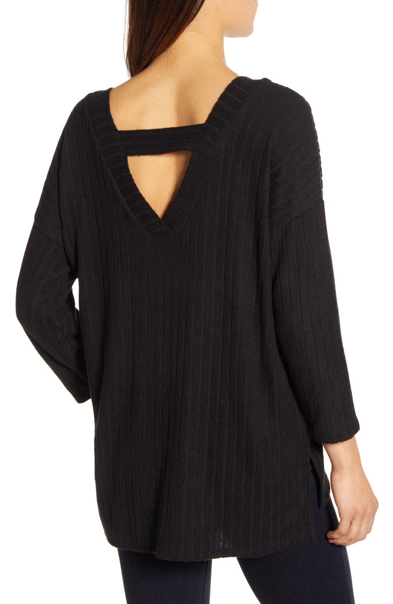 Bobeau Ribbed Knit Double V-Neck Top, Alternate, color,