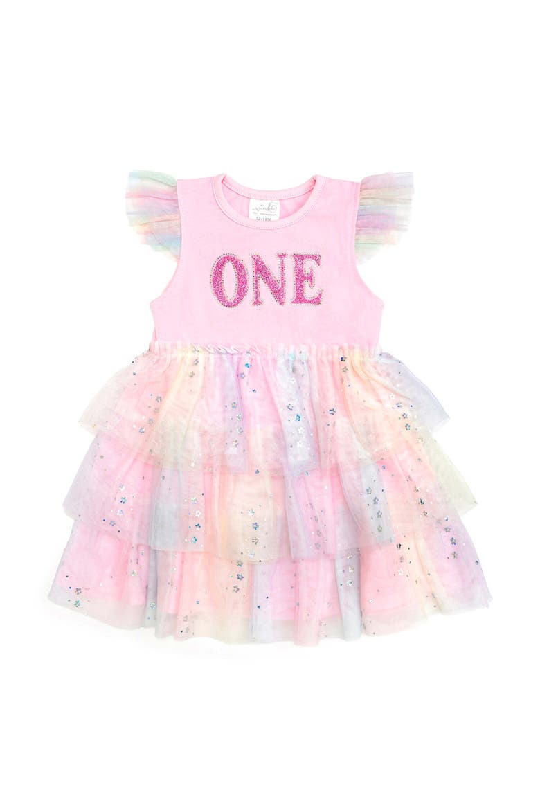 First Birthday Girl Fairy Dust Short Sleeve Tutu Dress, Main, color, Soft Pink