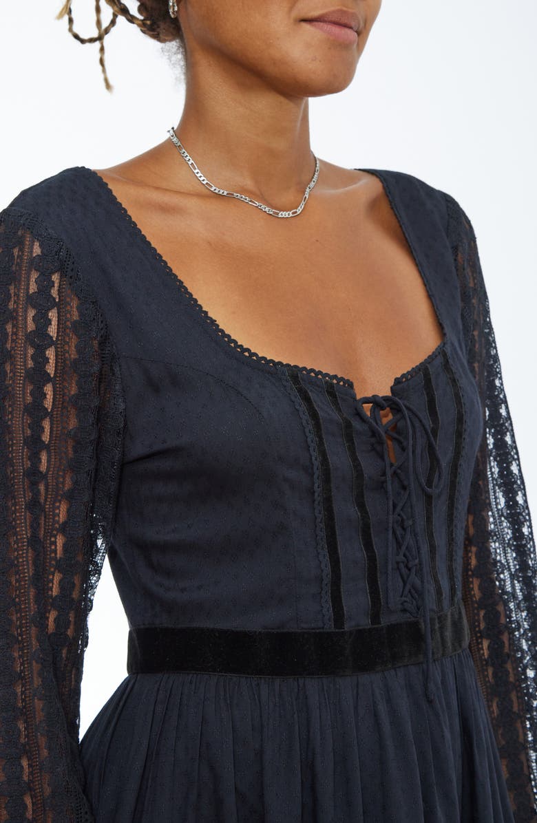 BDG Urban Outfitters Lace & Velvet Long Sleeve Cotton Blend Prairie Dress, Alternate, color,