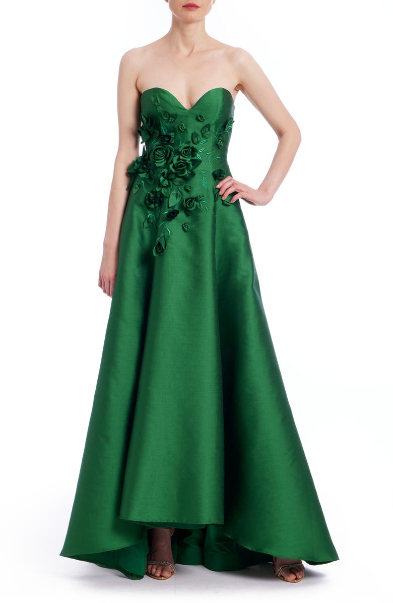 Badgley Mischka Collection Rosette Embroidered Strapless Ballgown, Main, color, 