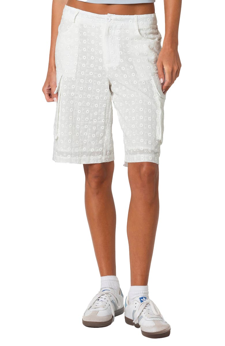 EDIKTED Eyelet Cargo Bermuda Shorts, Main, color, White