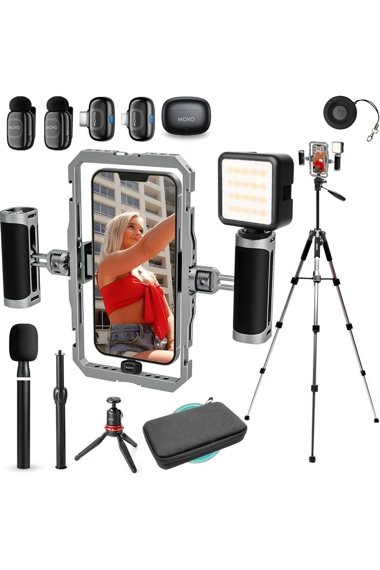 iFilmer-PRO Smartphone Rig with Dual Grip Cage, Wireless Lavalier Mics, and Full Size Tripod for iPhone and Android, Main, color, Black