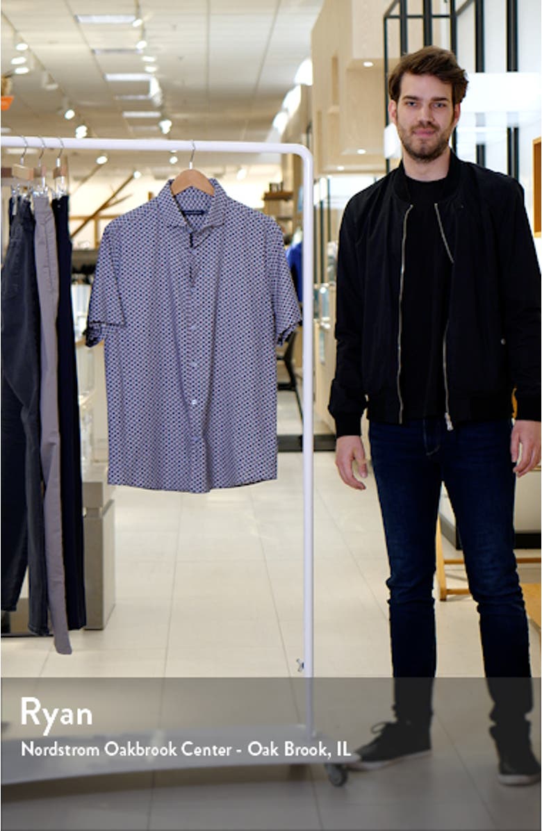 Retro Trim Fit Palm Print Short Sleeve Button-Up Shirt, sales video thumbnail