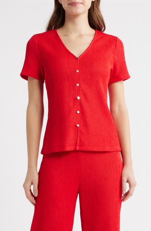 Short Sleeve Knit Button-Up Shirt (Petite)