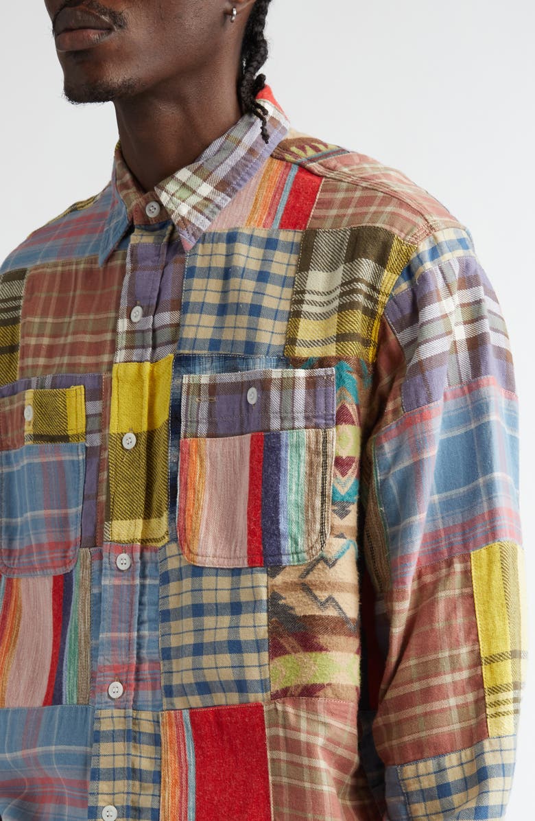 BEAMS Work Patchwork Flannel Button-Up Shirt, Alternate, color, 