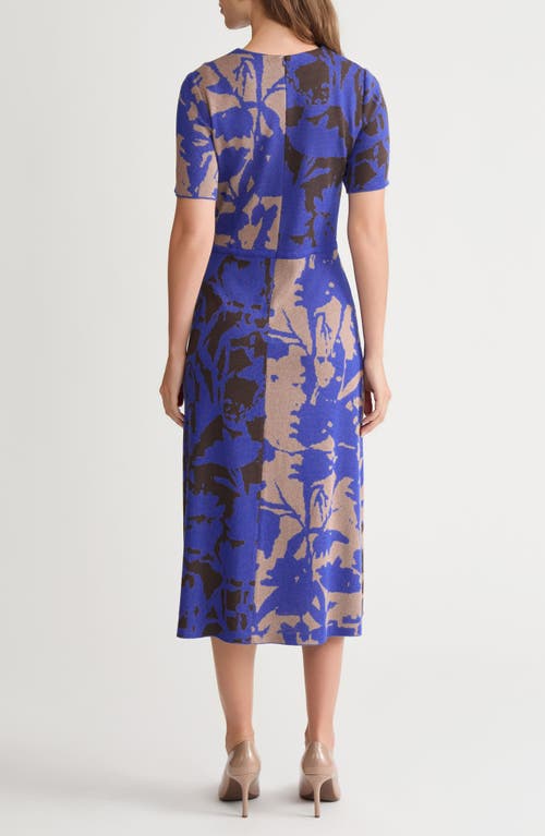 Ming Wang Floral Colorblock Knit Midi Dress In Blue