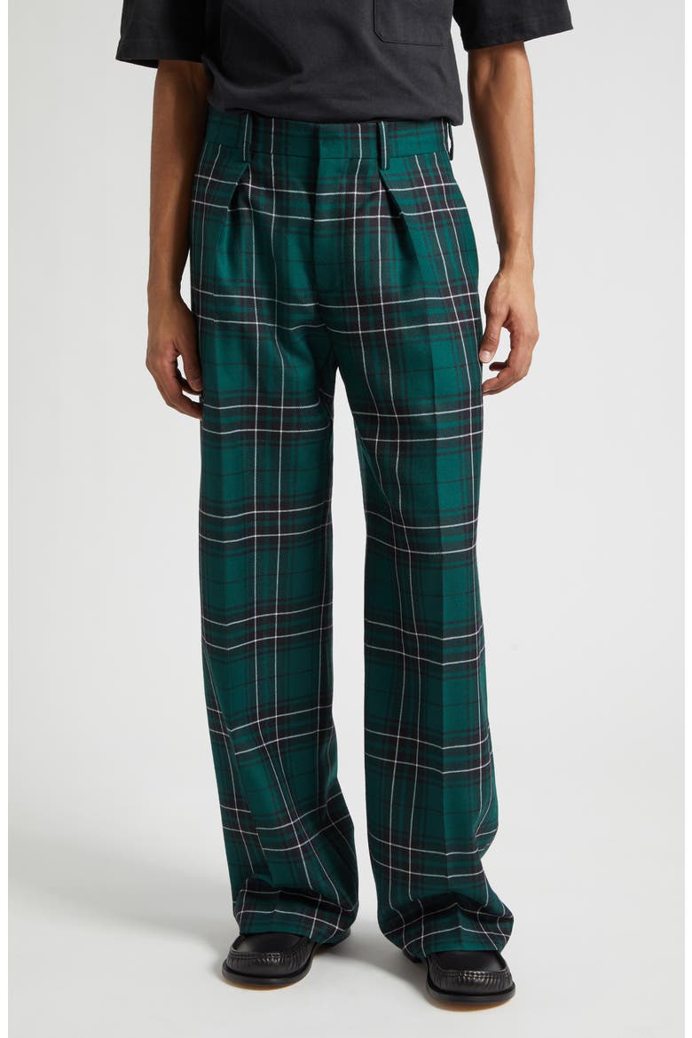 Plaid Pleated Straight Leg Wool Trousers, Main, color, FOREST GREEN