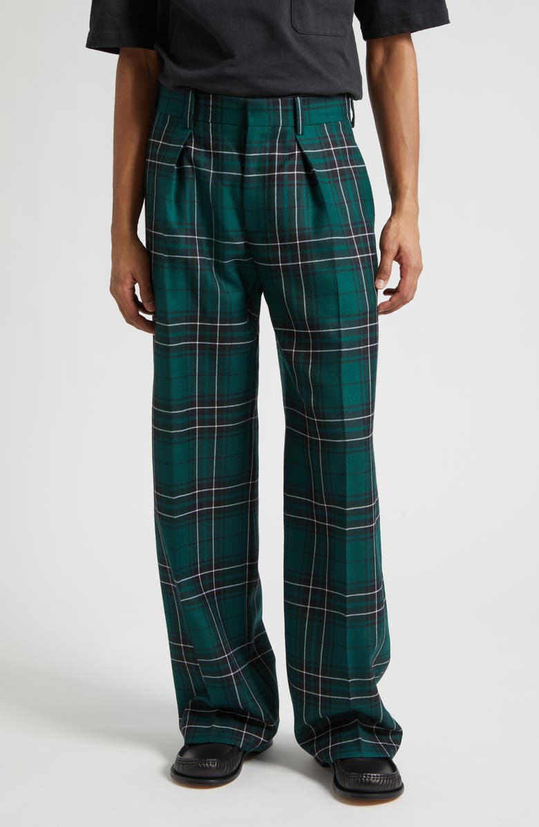 JW Anderson Plaid Pleated Straight Leg Wool Trousers, Main, color, Forest Green