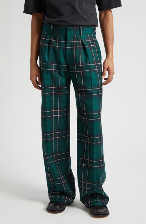 Plaid Pleated Straight Leg Wool Trousers
