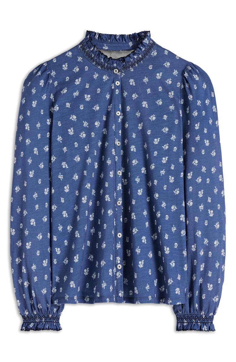 Boden Floral Ruffle Trim Jersey Blouse, Alternate, color, Denim Blue, Flower Press