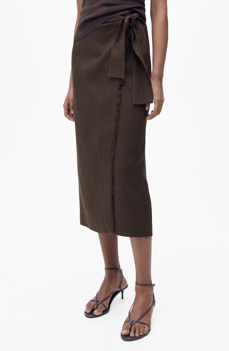 MANGO Side Tie Linen Wrap Skirt, Main, color, Chocolate