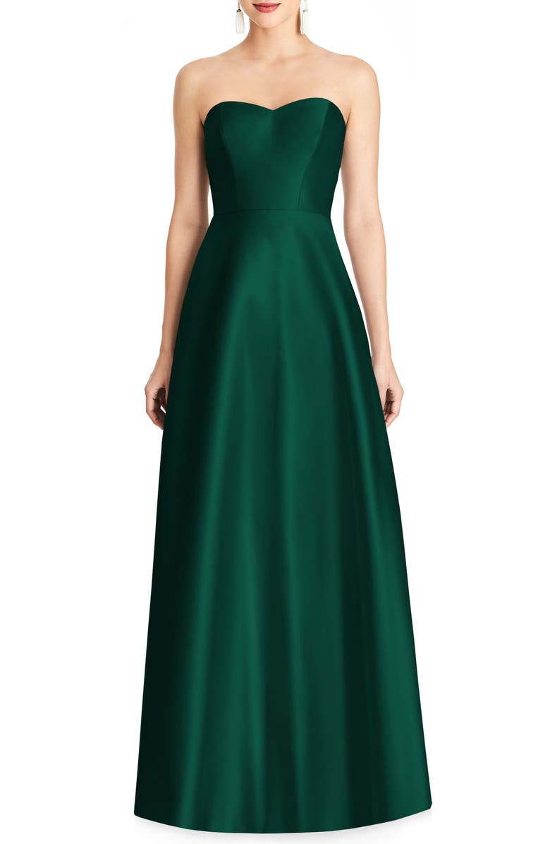 Alfred Sung Strapless Satin A-Line Gown, Alternate, color, 