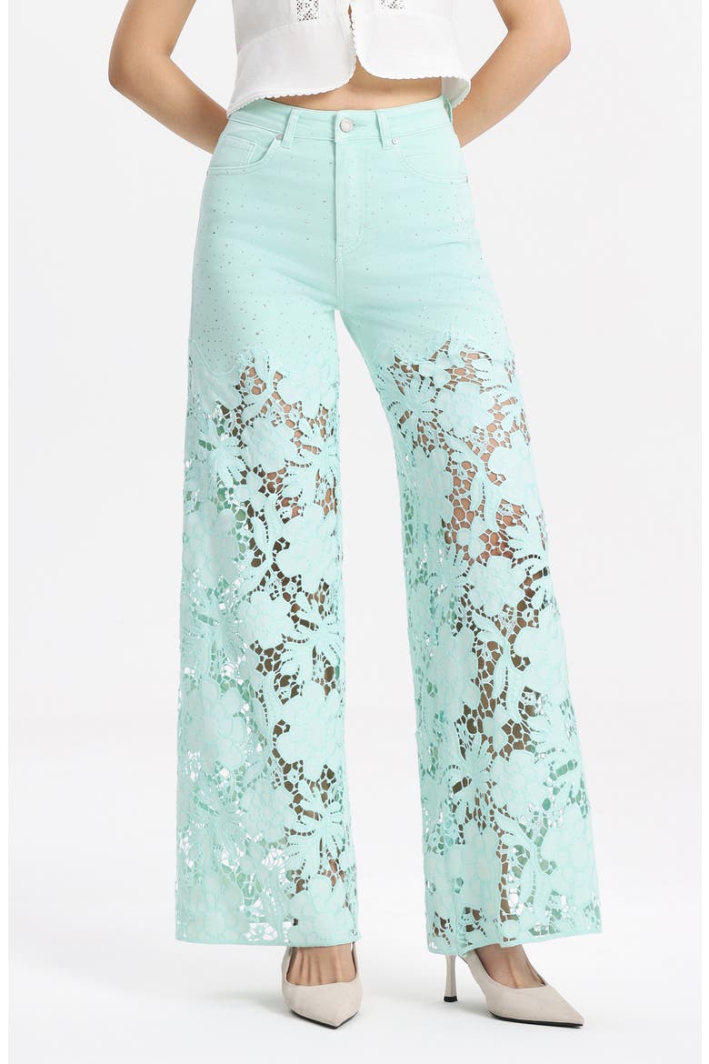 Crystal Embellished Lace Wide Leg Jeans, Main, color, MINT GREEN