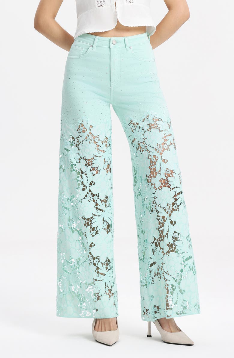 Bayeas Crystal Embellished Lace Wide Leg Jeans, Main, color, Mint Green