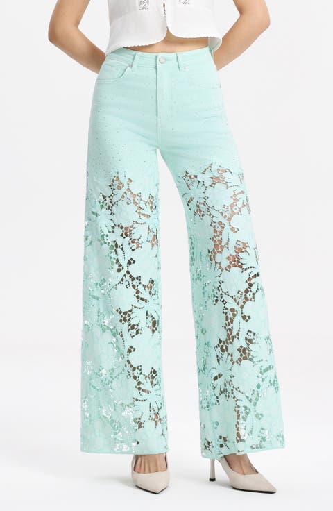 Crystal Embellished Lace Wide Leg Jeans